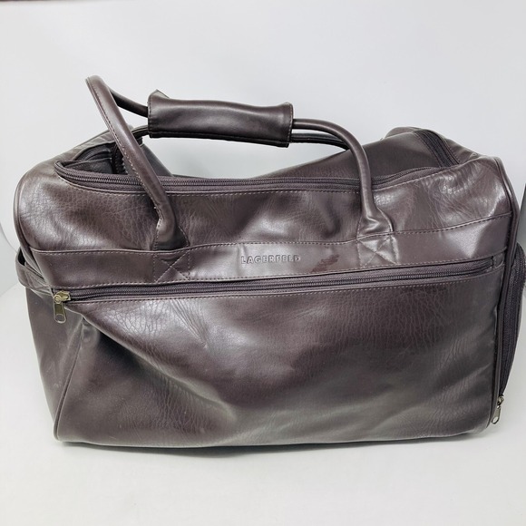 KARL LAGARFELD PARFUMS Duffle Bag Brown faux leather large travel Gym Bag 18x13" - Picture 14 of 14